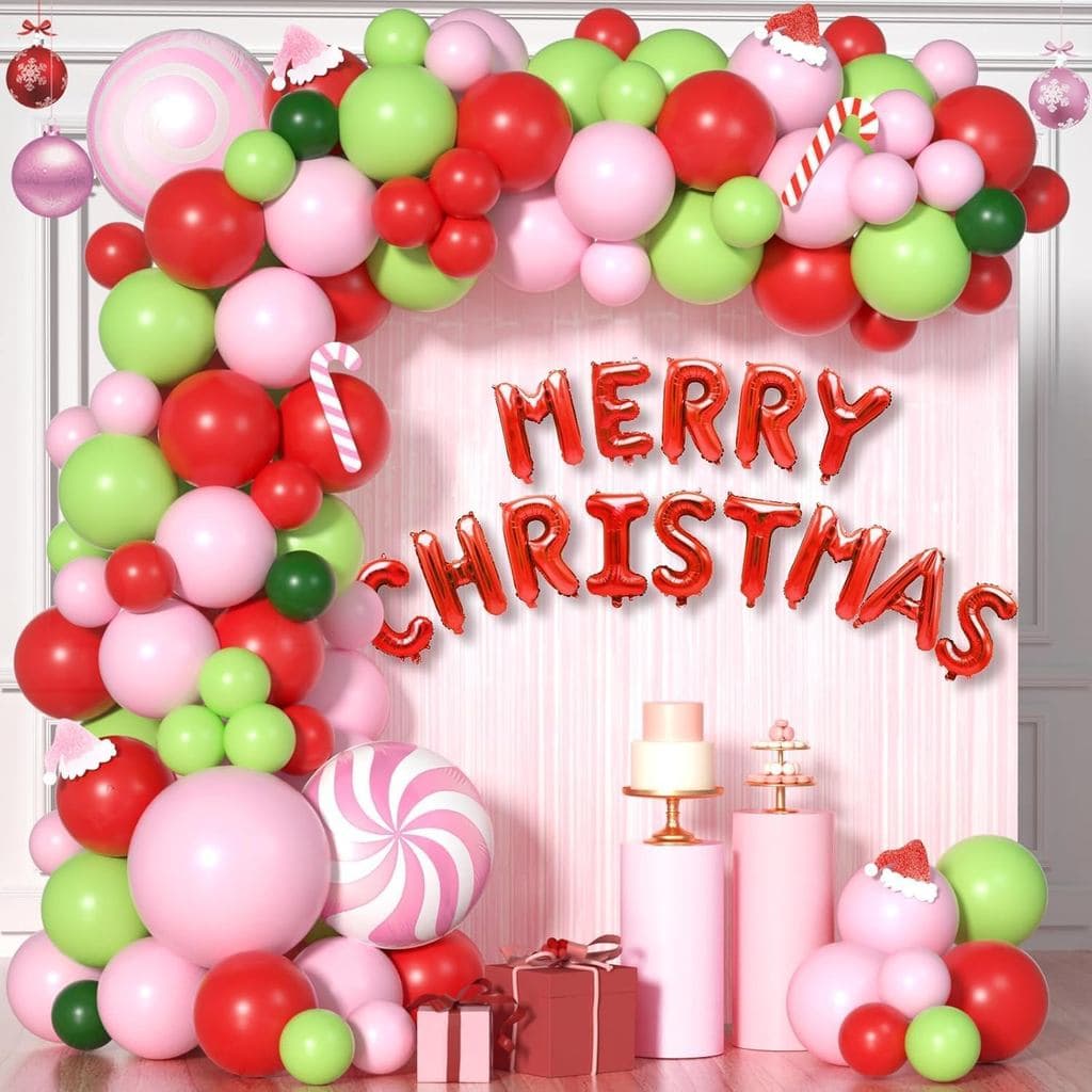 Kit de Arco de Balões de Natal Rosa para Decoração de Véspera - Guirlanda de Balões Rosa Bebê, Vermelho, Verde Fresco co
