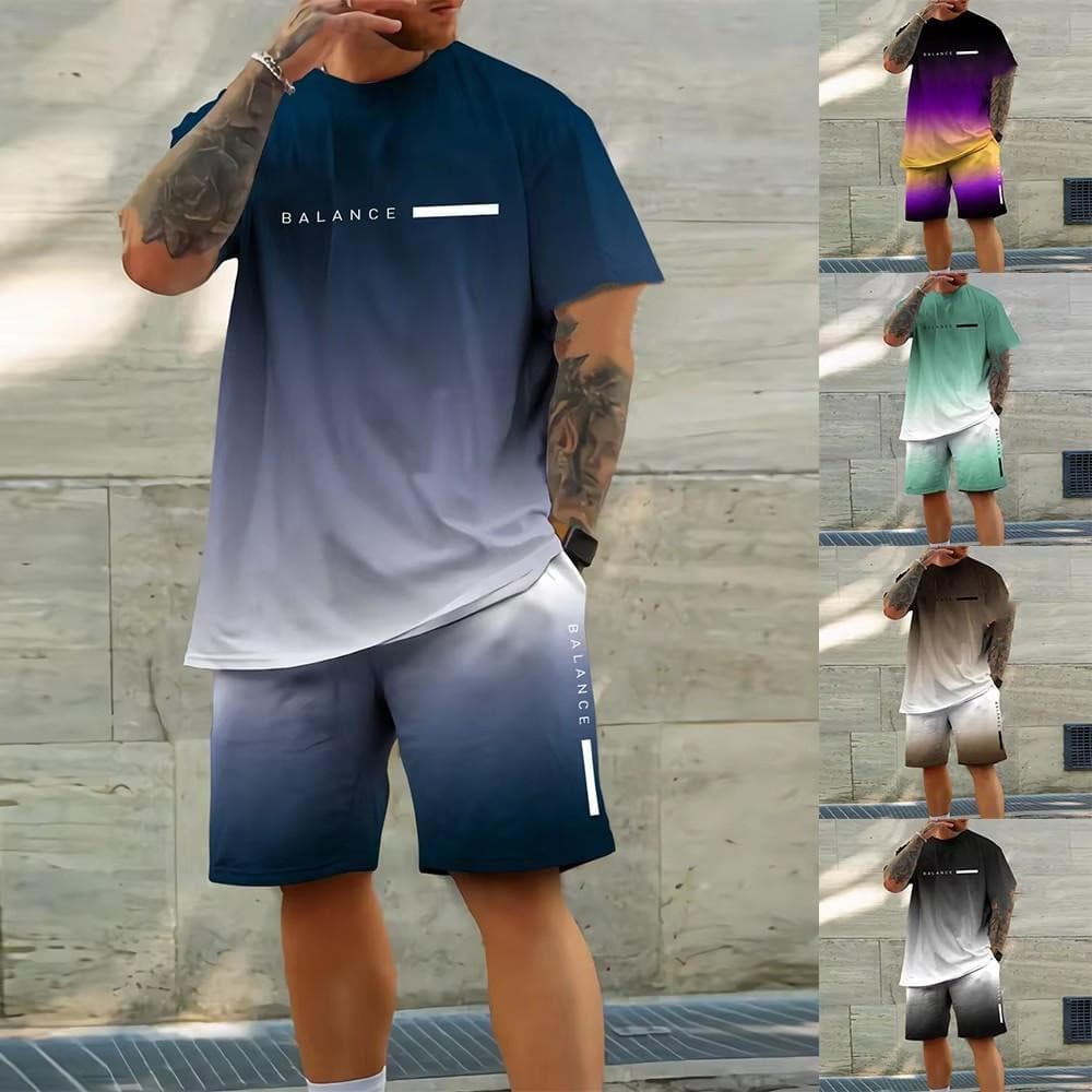 Conjunto masculino casual de camisa de manga curta com estampa de letras em degradê, camiseta esportiva de verão com gol
