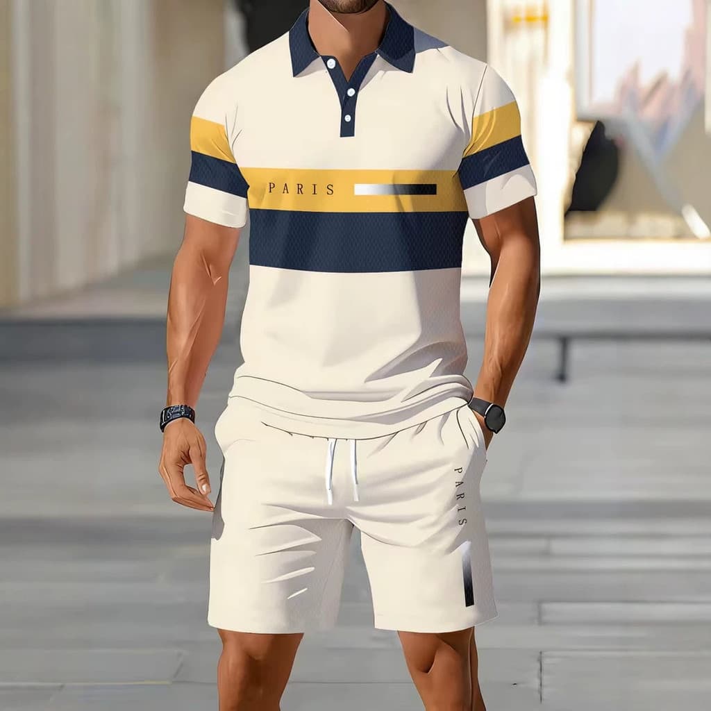Novo conjunto casual de verão masculino de duas peças com camisa polo de manga curta.