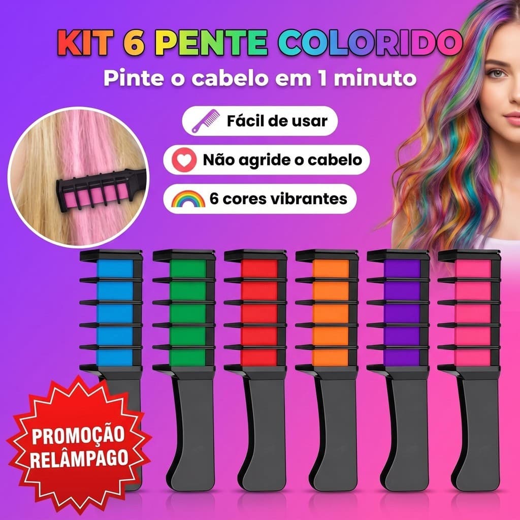 Kit 06 Pente Colorido Giz De Cabelo Com 06 Cores Temporárias Para Festas Criativo
