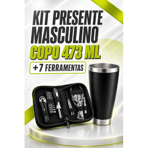 Kit Presente Masculino Copo Térmico 473ml + Ferramentas 7 Peças Estojo Preto para Homem Pai Namorado