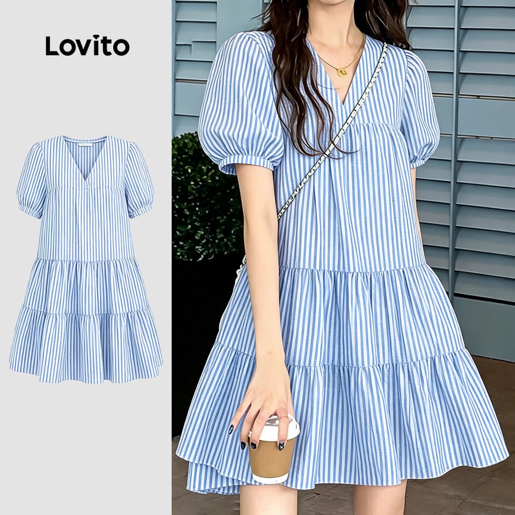 (New Arrival) Lovito Padrão de Vestido Casual Babado Vestido de Primavera/verão para mulheres L196LD064