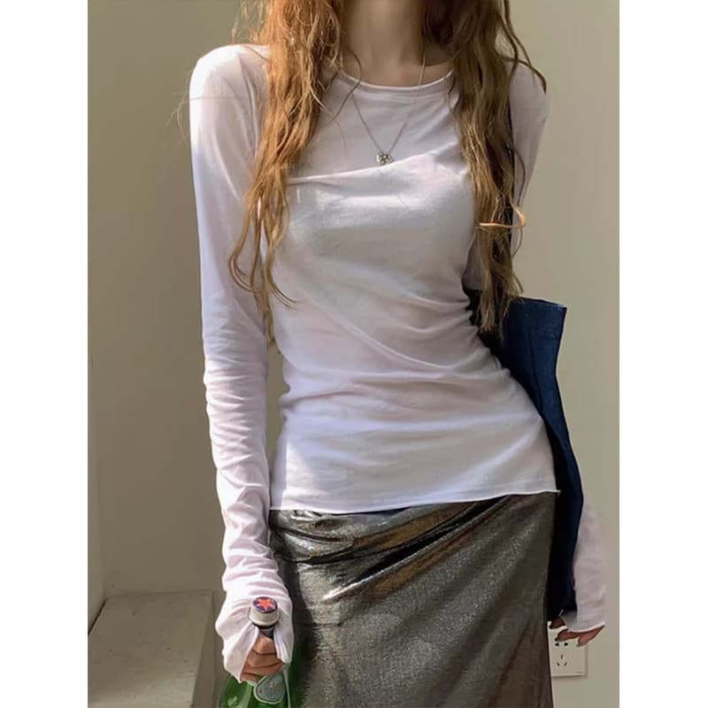 Camiseta de manga comprida semitransparente para mulheres, ideal para o início da primavera e outono, estilo simples, ve