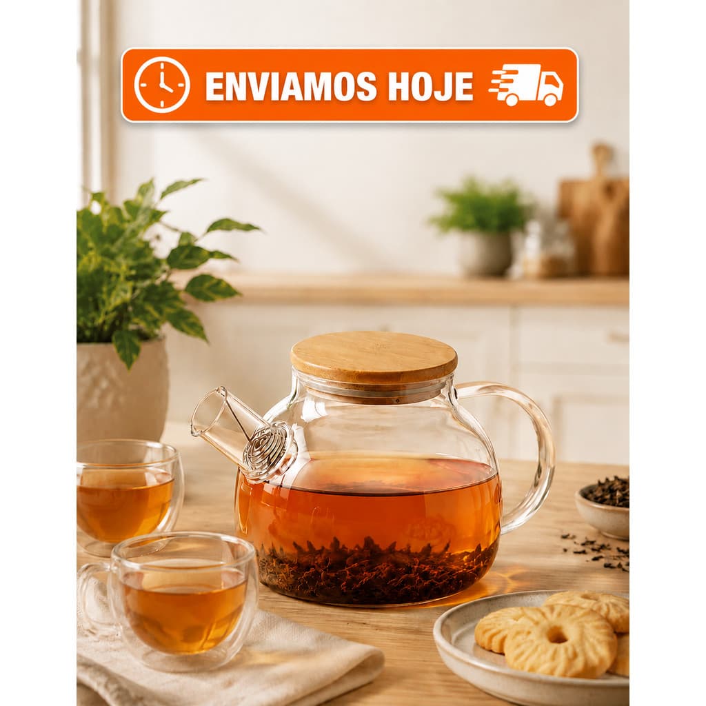 Chaleira Bule Vidro Borossilicato 1,2 Litros Transparente Com Tampa De Bambu Resistente vai ao Fogo, Com Infusor filtro