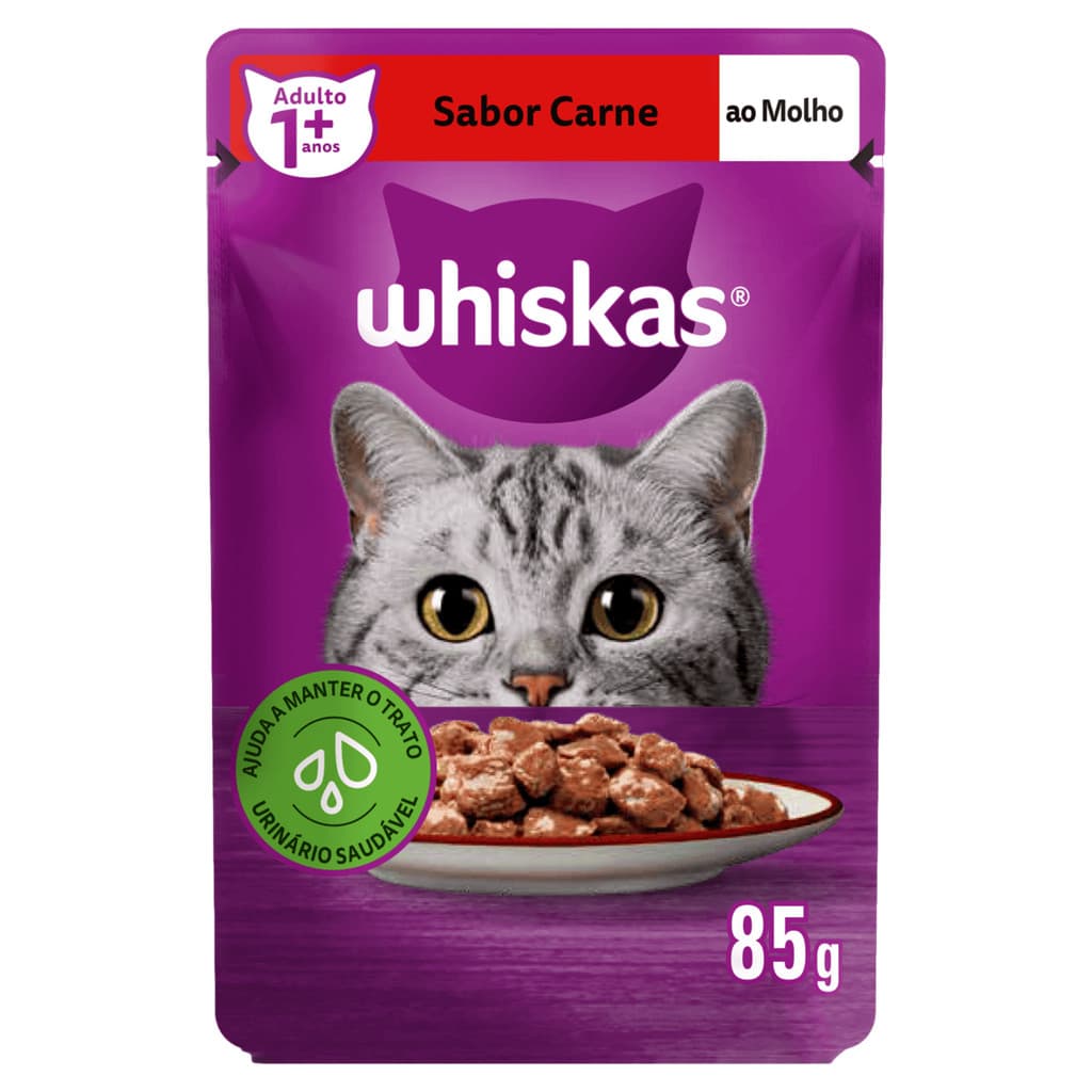 Whiskas Ração Úmida Sachê Carne ao Molho para Gatos Adultos 85g
