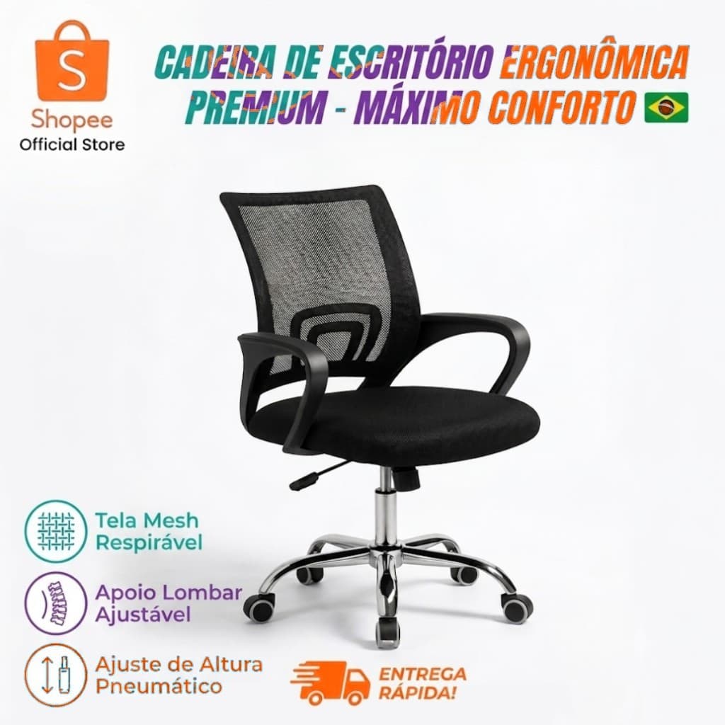 Cadeira de Escritório Ergonômica Mesh Giratória com Apoio Lombar e Regulagem de Altura - Kit 2