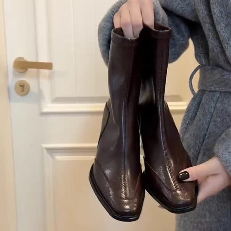 Botas Femininas de Bico Quadrado, Botas Curtas com Zíper Traseiro, Salto Grosso, Botas da Moda, Tamanhos 35-41