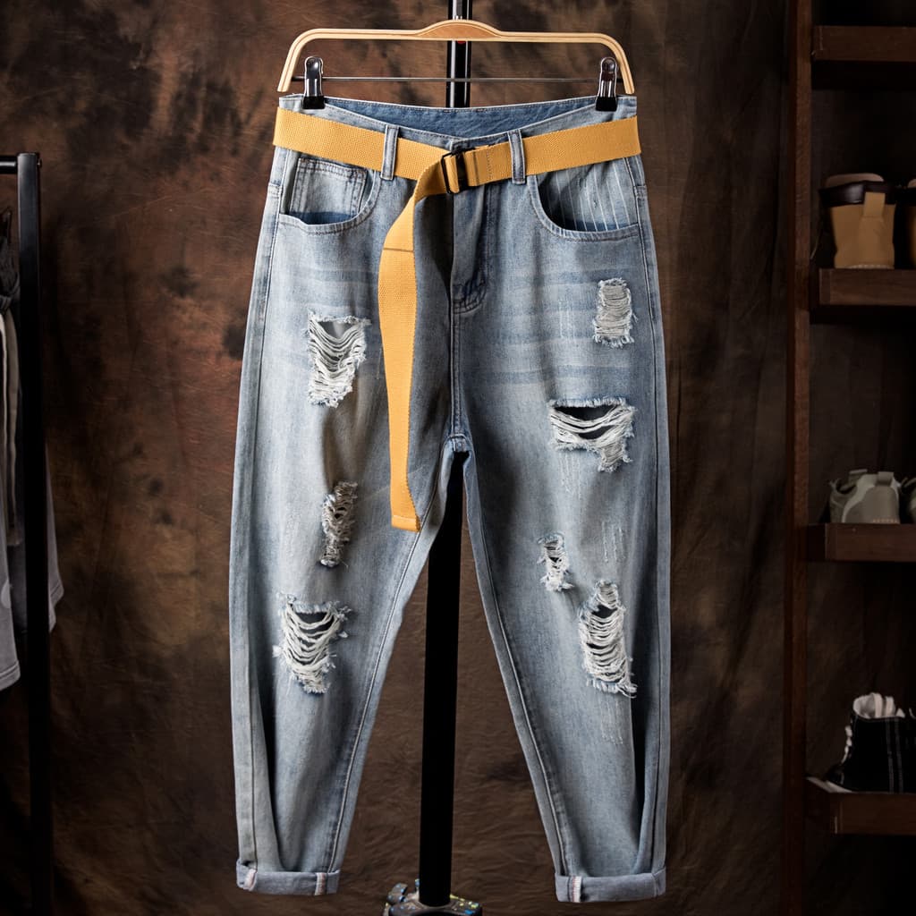 Cor clara rasgado tornozelo comprimento Jeans calças magras masculinas Street Wear Retro calças gordas verão estilo fino