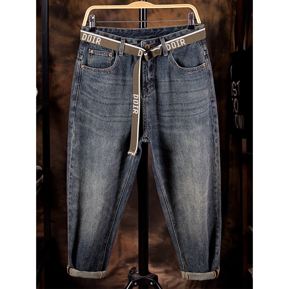 Calças azuis masculinas outono Jeans homens em linha reta solta gordura Harem calças masculinas cenoura cônica pai calça