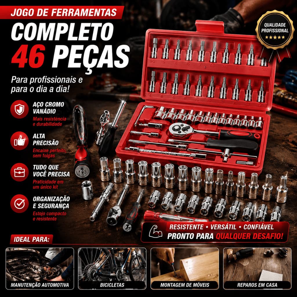 Kit De Ferramentas 46 Peças Jogo De Soquetes Chave Catraca Reversível Com Maleta Jogo De Ferramentas