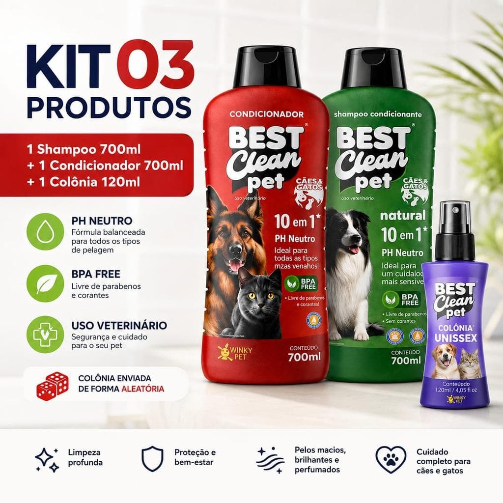 Kit Shampoo Natural 10 em 1 para Pets – Shampoo 700ml, Condicionador 700ml e Colônia 120ml, pH Neutro, para Cães e Gatos