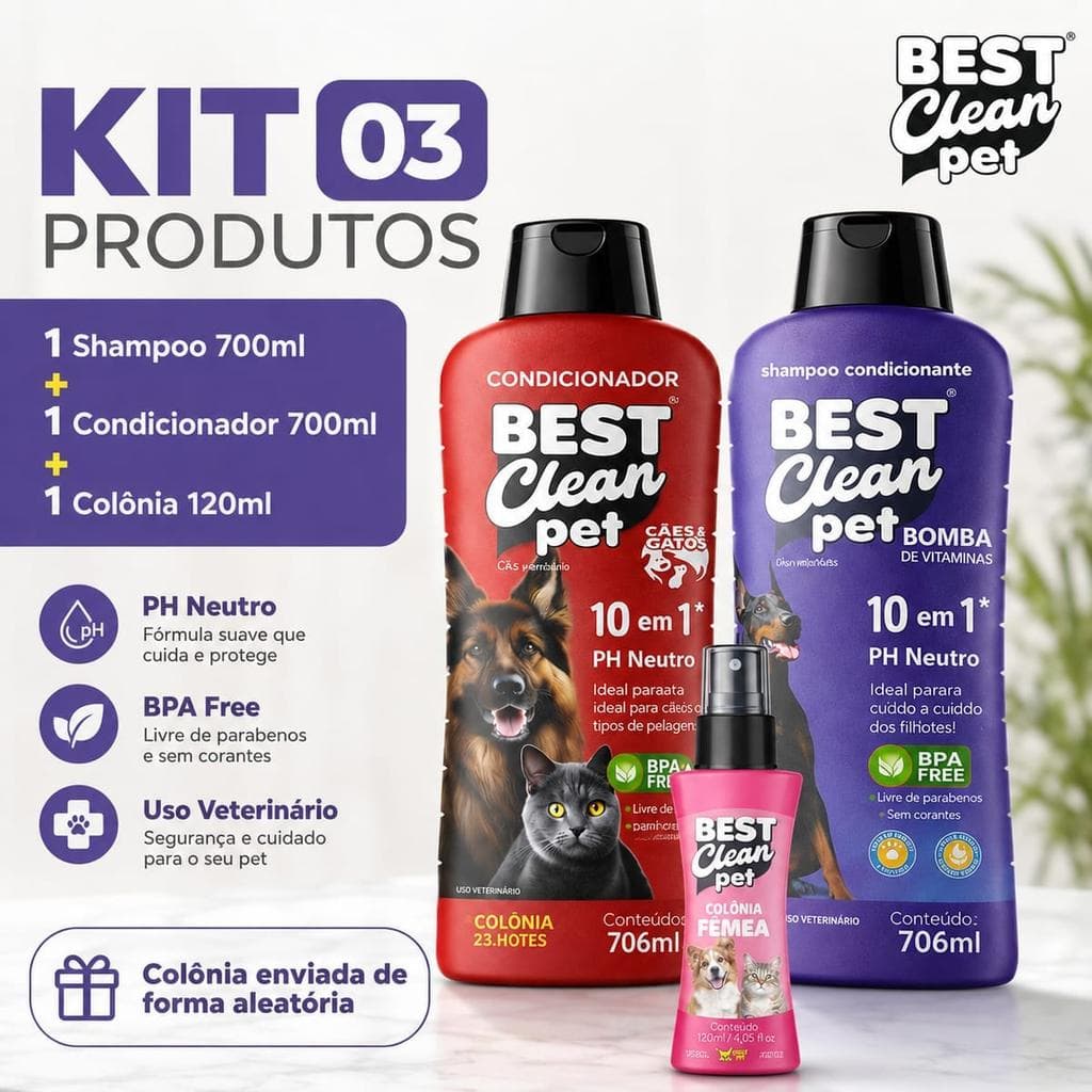 Kit Shampoo Bomba de Vitaminas Best Clean Pet 10 em 1 com Condicionador e Colônia — 700+700+120ml para Cães e Gatos