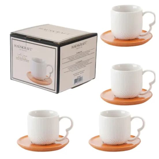 Jogo de Xicaras Com Pires Ceramica e Bambu 90ml 8 peças Oasis