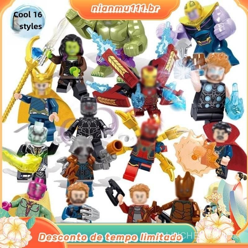 ◆   16 Peças / Conjunto de Minifiguras Lego dos Vingadores: Thanos, Homem de Ferro, Hulk, Thor, Homem-Aranha, Super-Heró