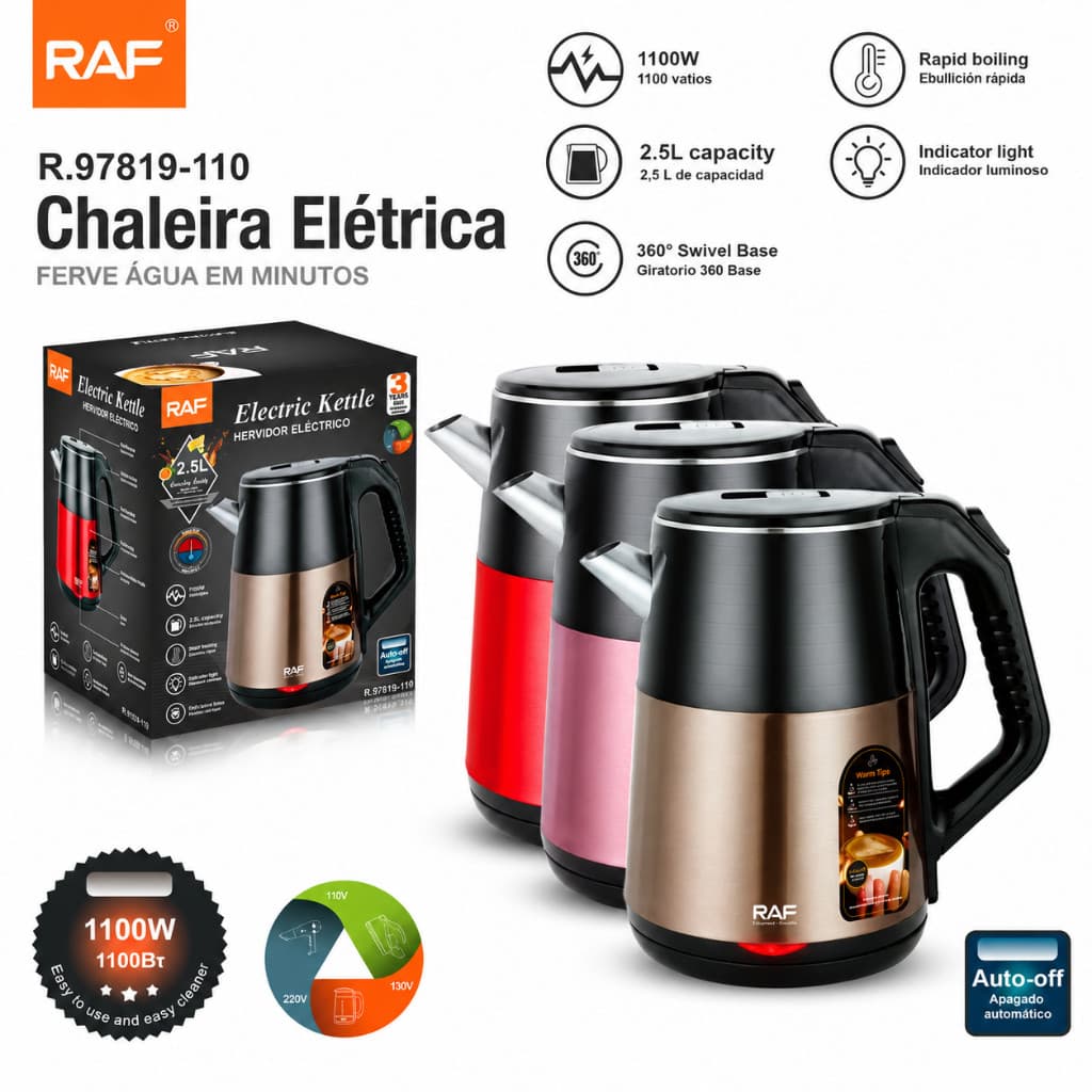 Chaleira Elétrica RAF 2,5L 1100W Inox Desligamento Automático Base 360° 110V