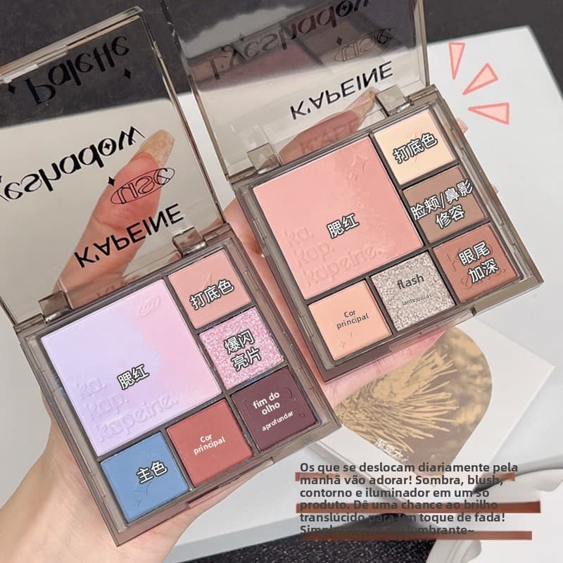 Paleta de sombras de seis cores cinza rosa marrom perolado fino brilho fosco Blush reparação paleta multifuncional de al