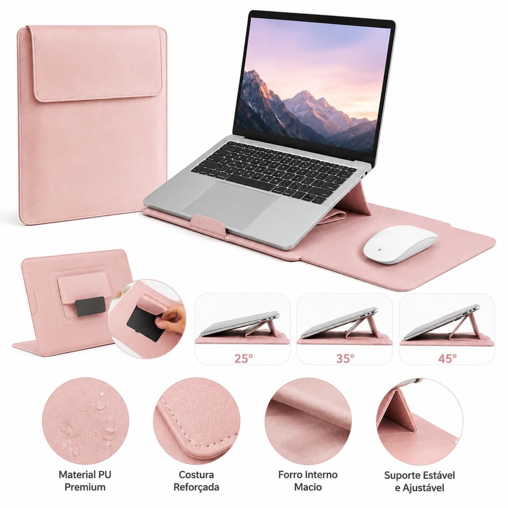 Bolsa para Notebook 15‑16 Polegadas Couro PU Resistente com Suporte e Mouse Pad Multiuso Escritório Portátil para Viagem