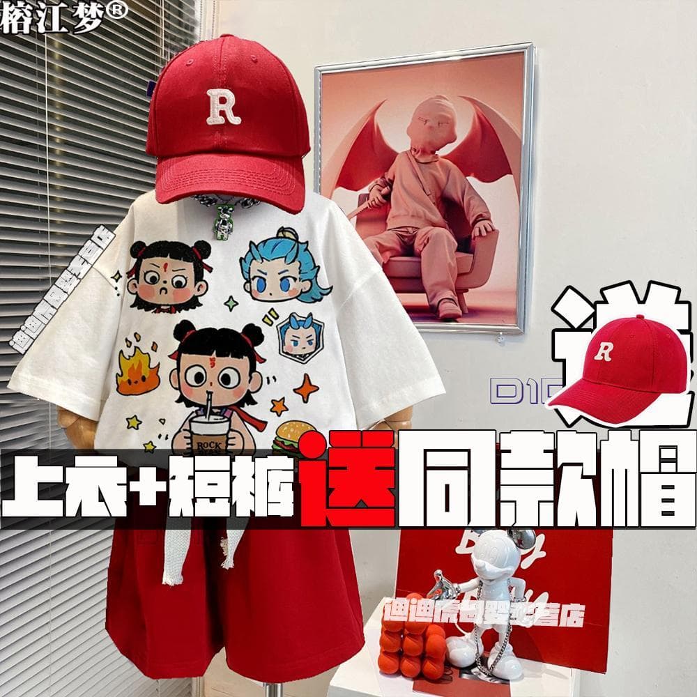 Nezha terno infantil novo estilo desenho animado estampado manga curta camiseta de verão puro algodão menino Shorts Top