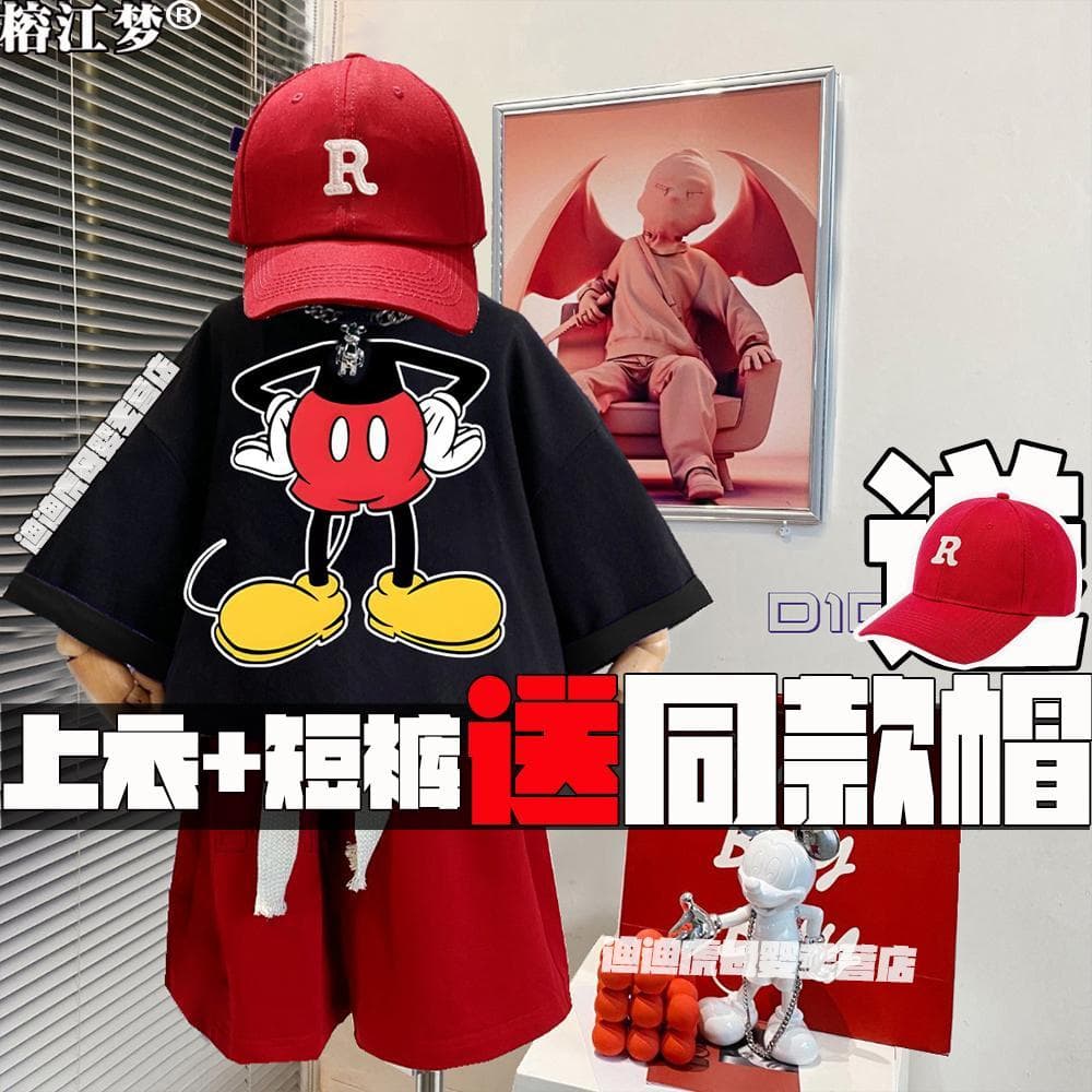 Meninos verão puro algodão Shorts de manga curta terno crianças Mickey dos desenhos animados verão topo estilo fino resp