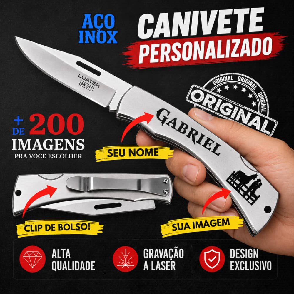 Canivete Personalizado Aço Inox Gravado a Laser com Nome Desenho e Logo Clip de Bolso Presente Envio Imediato