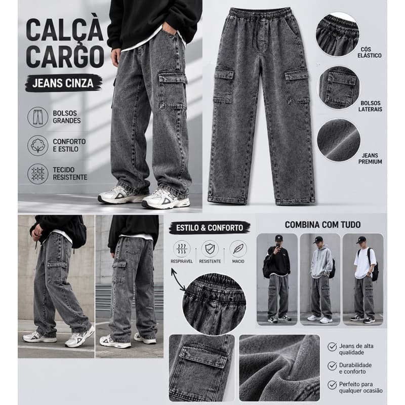 Calça Cargo Jeans Masculina Modelagem Solta Wide Leg Lavagem Estonada Cinza Premium