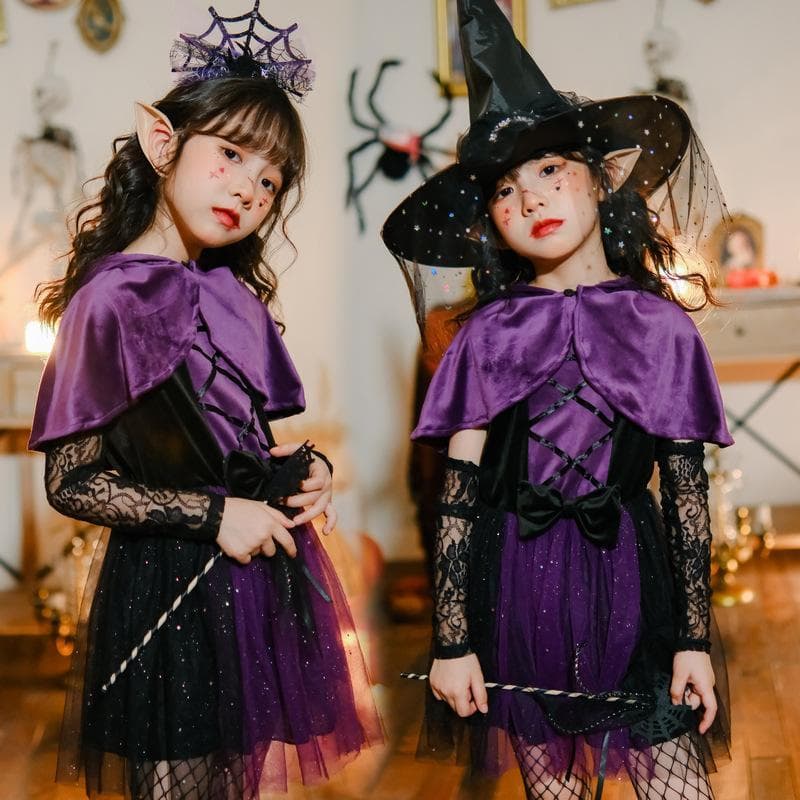 Fantasia infantil de Halloween, fantasia de bruxa roxa, vestido de bruxa, capa, xale, fantasia de menina vampiro