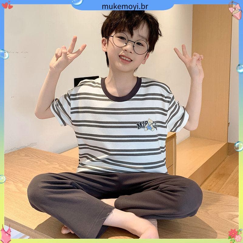 Meninos pijamas infantis verão de manga curta calças de algodão puro fino algodão dos desenhos animados Homewear meninos