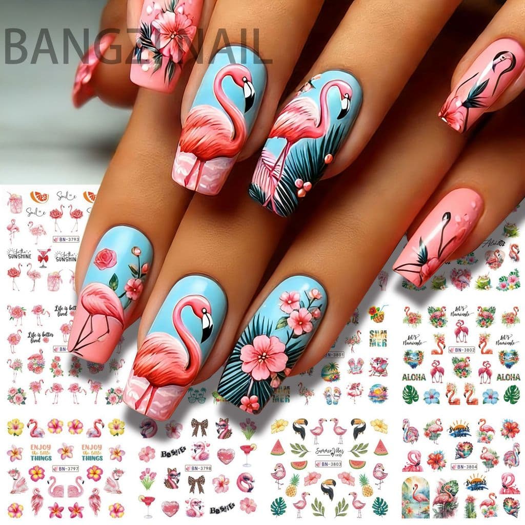Adesivos de Unhas de Verão com Transferência de Água: Adesivos de Unhas Grandes com Desenhos de Pássaro de Chama e Coque
