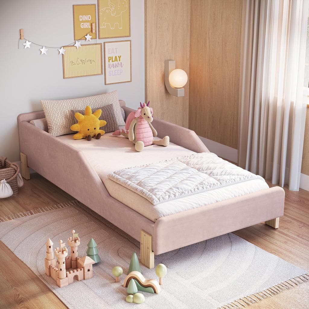 Cama Infantil Estofada Montessoriana 188x88cm com Proteção Lateral e Pés em Pinus