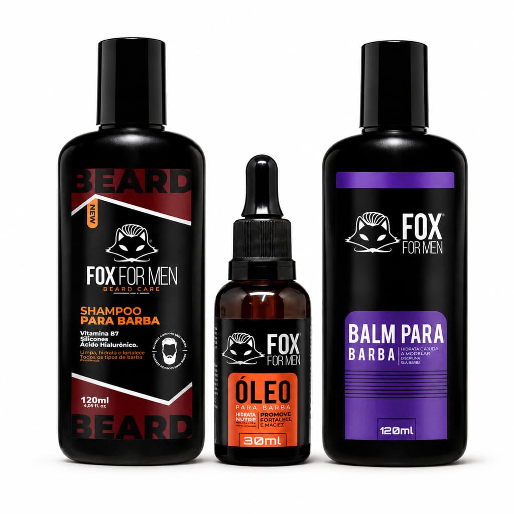 Kit para Barba Shampoo Óleo em Gotas e Balm Fox For Men