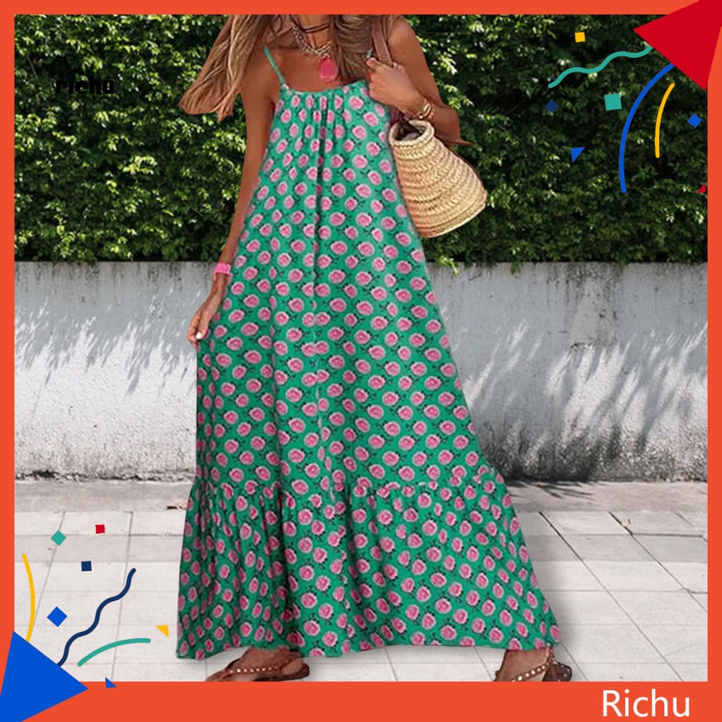 Polyester Spandex Dress Trendy Women Long Skirt Women’s Boho Maxi Spaghetti Strap Backless Summer Beach Sundress Flowy