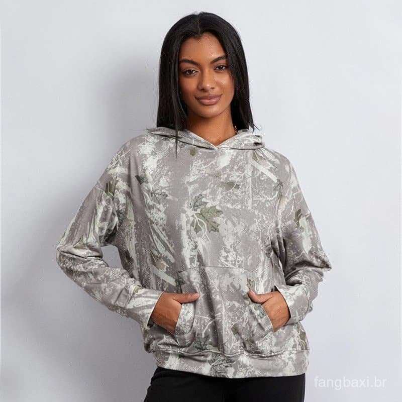 2026 Cross-Border venda quente europeu americano senhoras solto camuflagem Hoodie Maple Leaf 3D impresso de manga compri