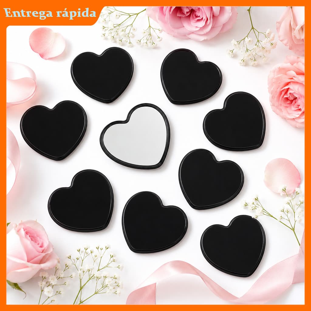 Mini Espelho Coração Preto 6,4x5cm Kit 10/20 Unidades, Plástico Compacto de Bolsa para Maquiagem sem Tampa