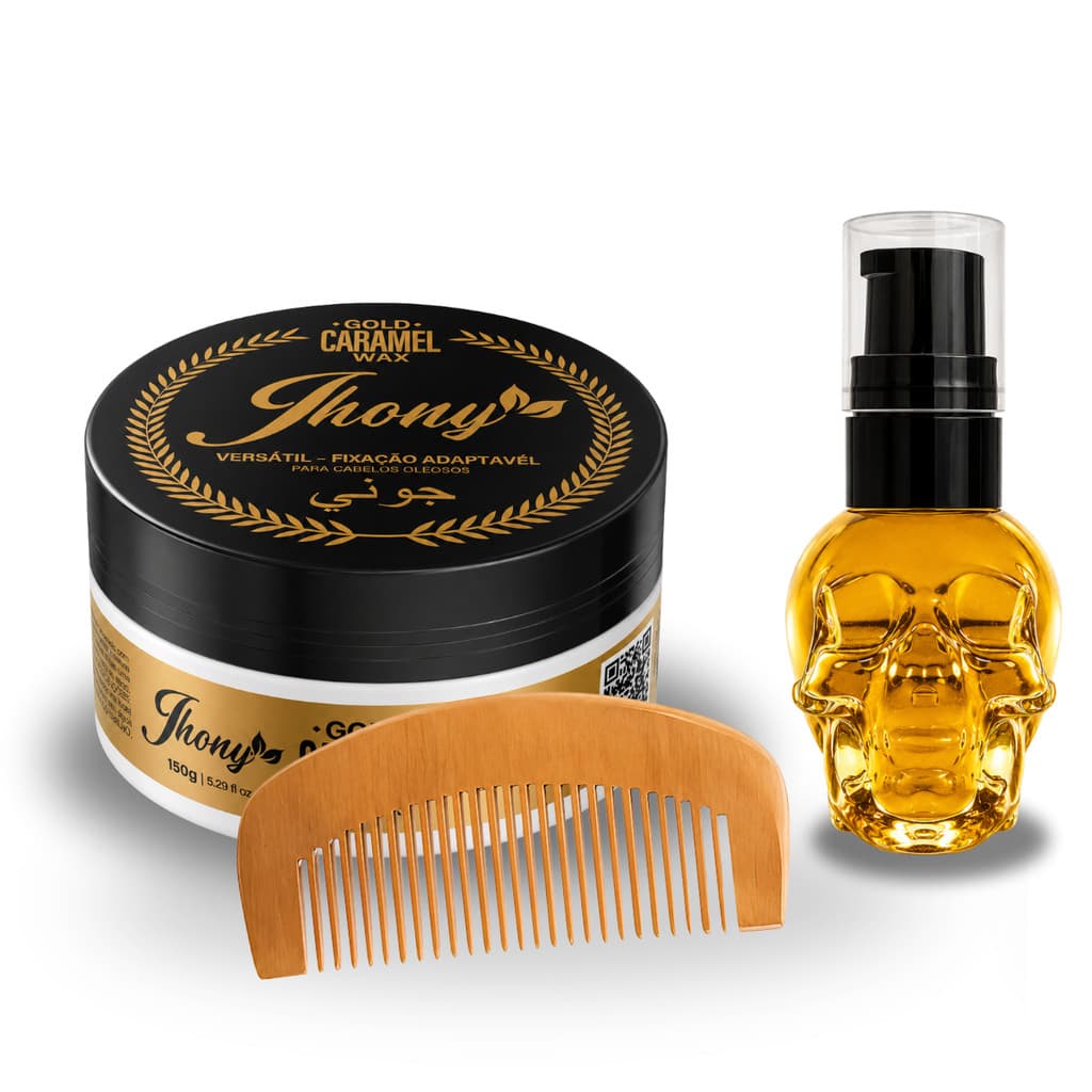Kit Pasta Modeladora Gold Caramel 150g Óleo para Barba Caveira Pente de Madeira Jhony Barber