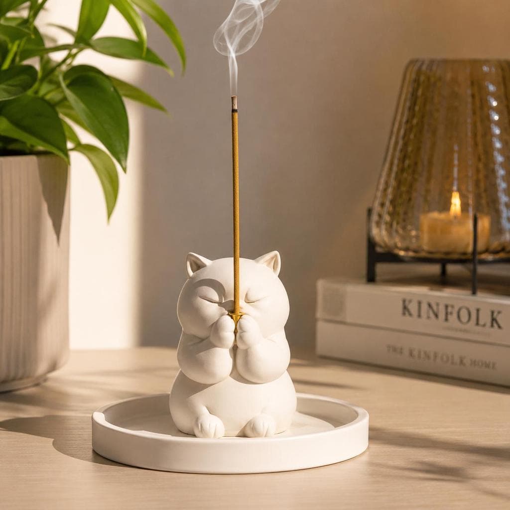 Incensário Gatinho Porta Incenso para Varetas com Bandeja Coletora de Cinzas Decoração Sala Quarto e Cantinho Zen