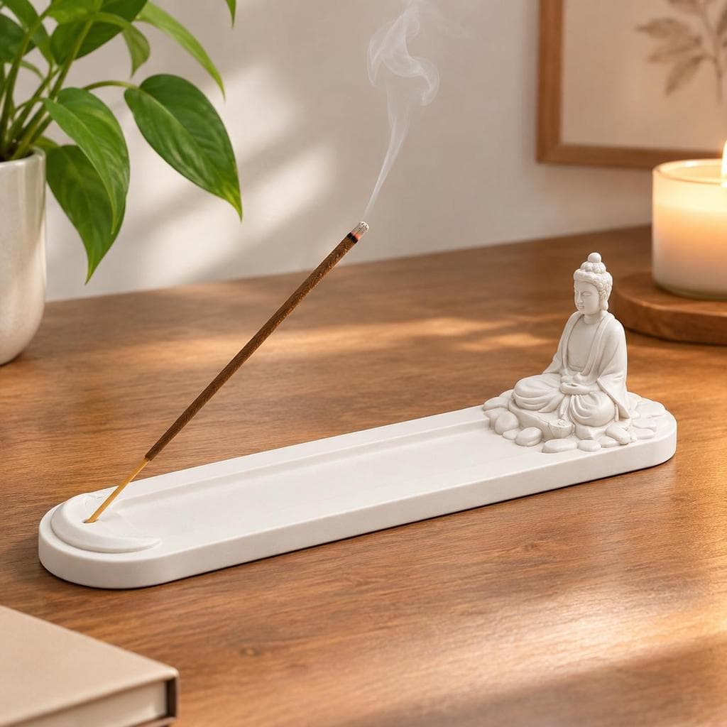 Incensário Buda 21cm Porta Incenso para Varetas com Bandeja Coletora de Cinzas Decoração Zen Sala e Quarto