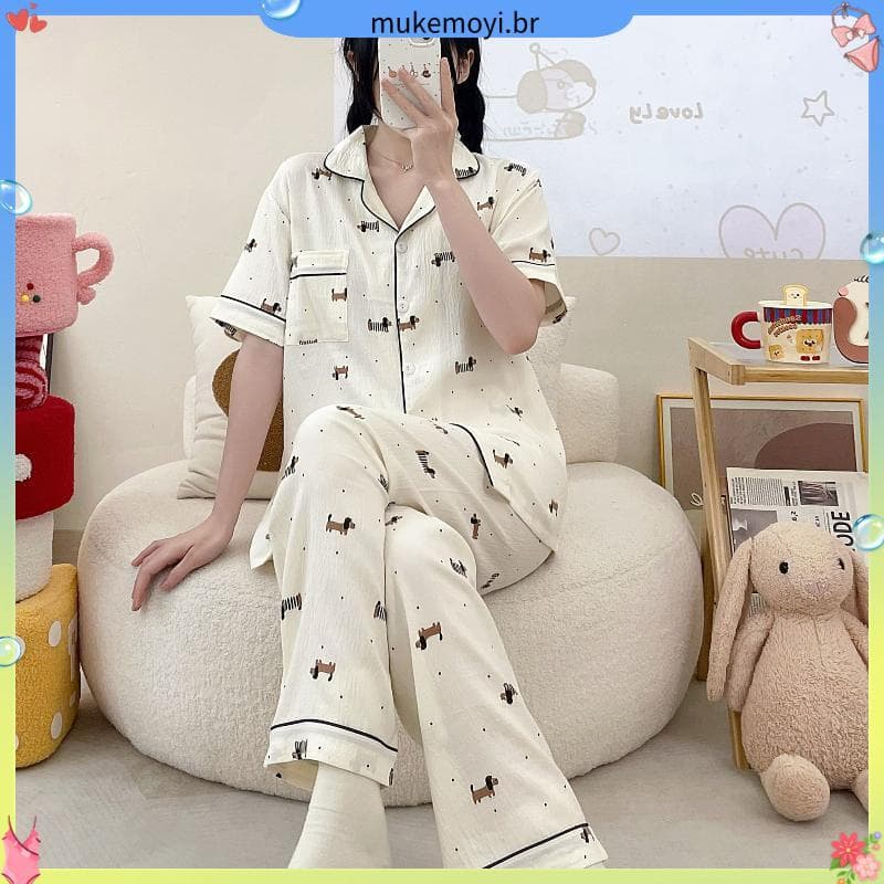 Nuvem algodão de duas peças pijamas japoneses verão feminino Cardigan calças de manga curta menina bonito conjunto de pi