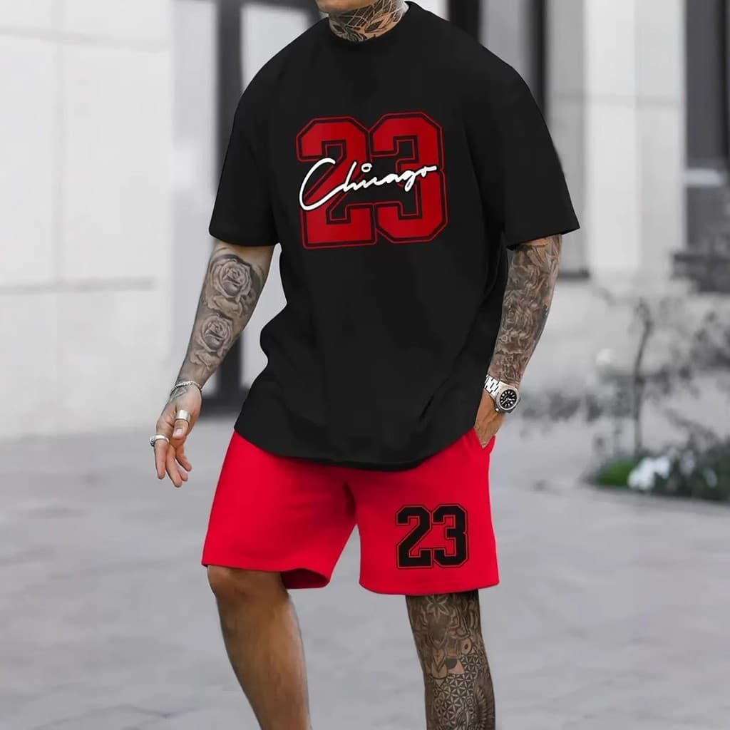 Conjunto esportivo de verão 3D com gola redonda, corte solto, mangas curtas e shorts estampados estilo hip-hop casual ma