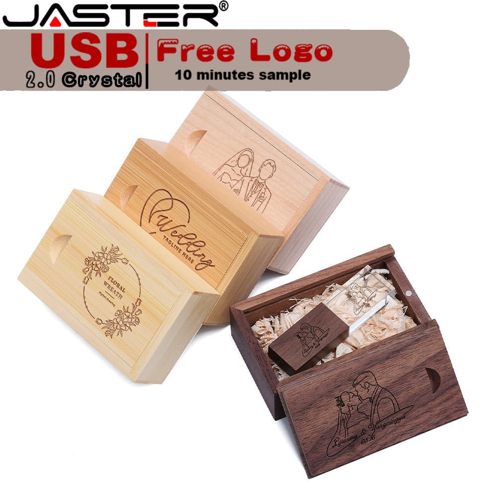 JASTER Logotipo Personalizado Grátis Crystal 2.0 USB flash drive Com Caixa De Madeira 32GB 16GB 8GB 4GB Cartão De Memóri