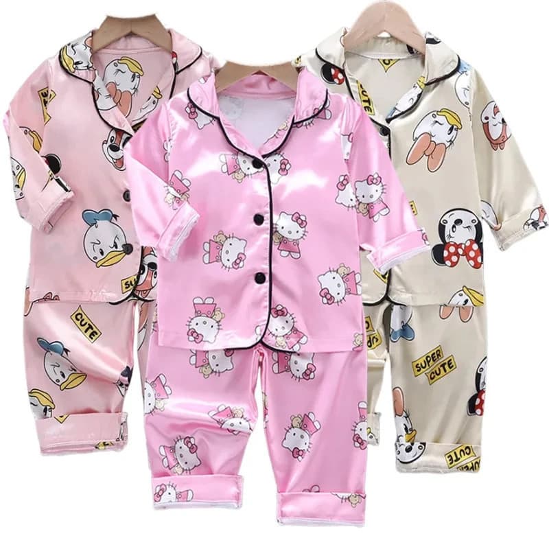 Conjunto de Pijama de Cetim para Meninas, Roupa de Dormir Infantil com Gola e Manga Longa, Sanrio Hello Kitty, Top + Cal