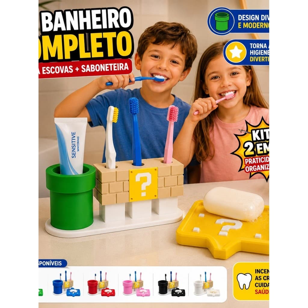Kit Banheiro Porta Escovas de Dente + Saboneteira Estilo Cano Porta Creme Dental Organizador de Pia Suporte Escovas Deco