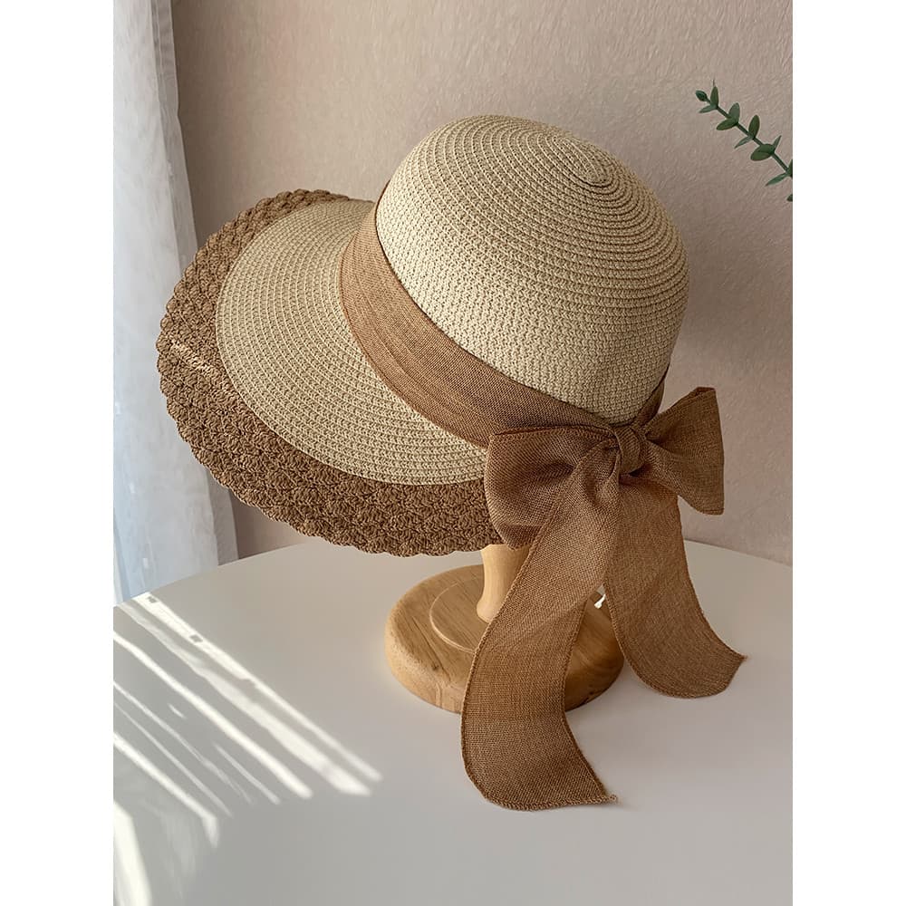 Chapéu de palha feminino verão chapéu de sol aba grande chapéu de sol à beira-mar férias praia chapéu de sol coreano arc