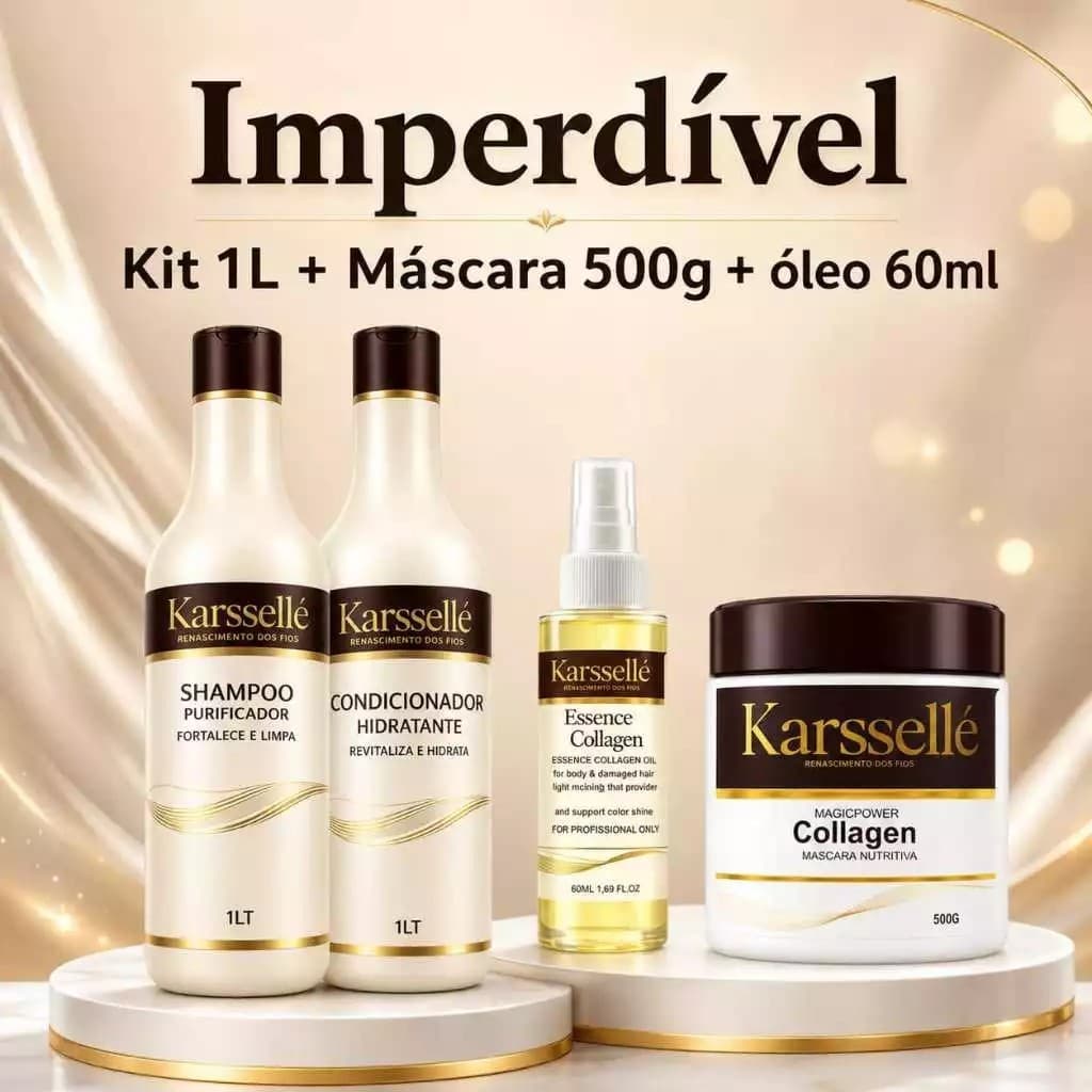 Kit 4 em 1 Completo Karssellé – Shampoo 1L + Condicionador 1L + Máscara 500ml + Óleo 60ml