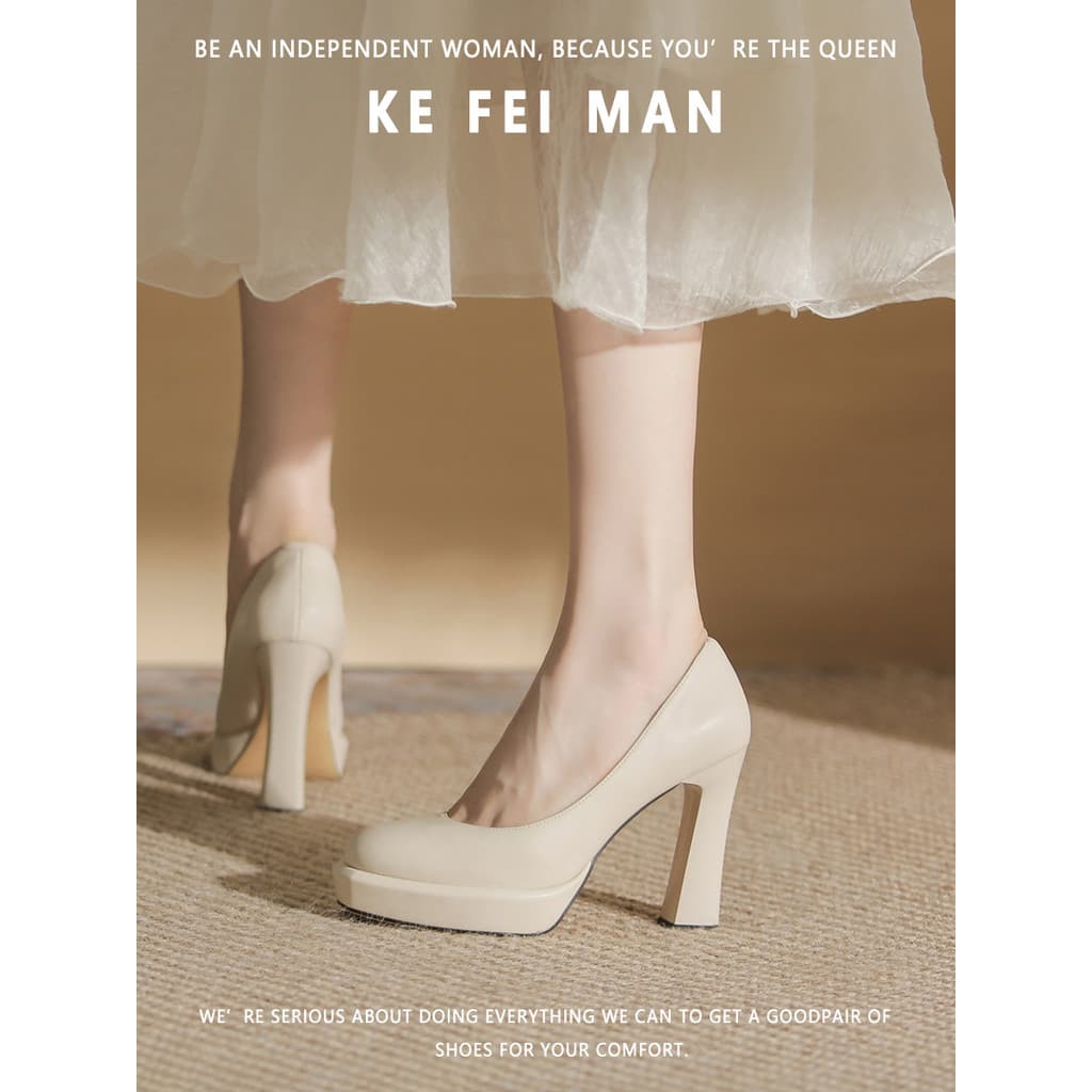 [Kefiman] Plataforma impermeável de salto alto feminino primavera outono bico redondo salto Super alto sapatos de salto
