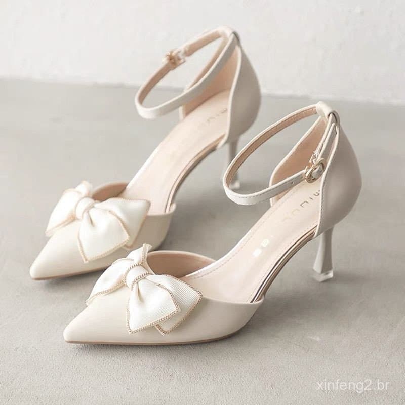 Sapatos de salto alto estilo stiletto francês, novo modelo de sapatos de fada de salto alto e bico fino VBEI