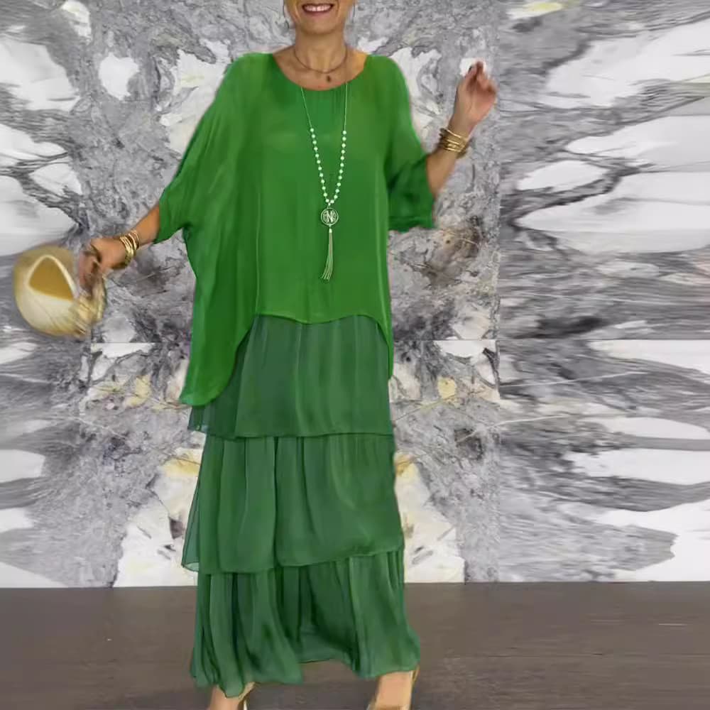 2026 moda novo estilo Chiffon malha boneca manga em torno do pescoço vestido longo estilo luz luxo