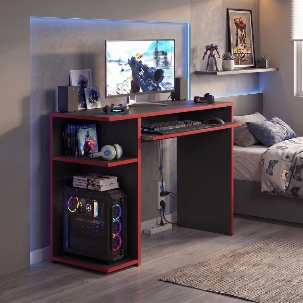 Mesa Gamer Para Computador Escrivaninha Quarto Home Office Suporte Gabinete Bandeja Teclado