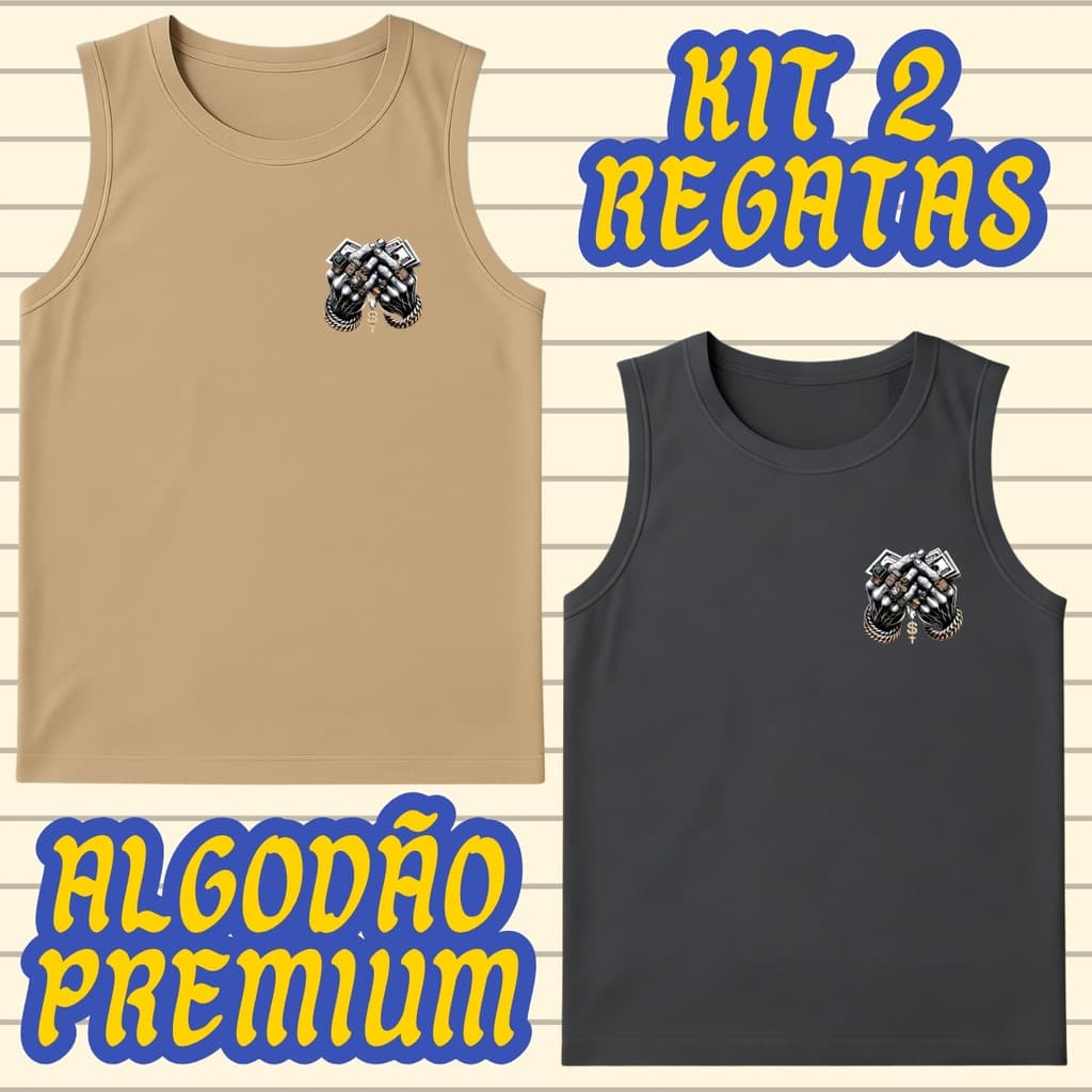 kit 2 Regatas Masculina Cavada MÃO DE DOLLAR Algodão Leve e Macia