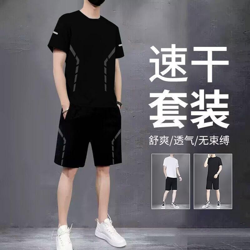 Conjunto de duas peças de Shorts de manga curta masculino de malha de seda gelada de secagem rápida