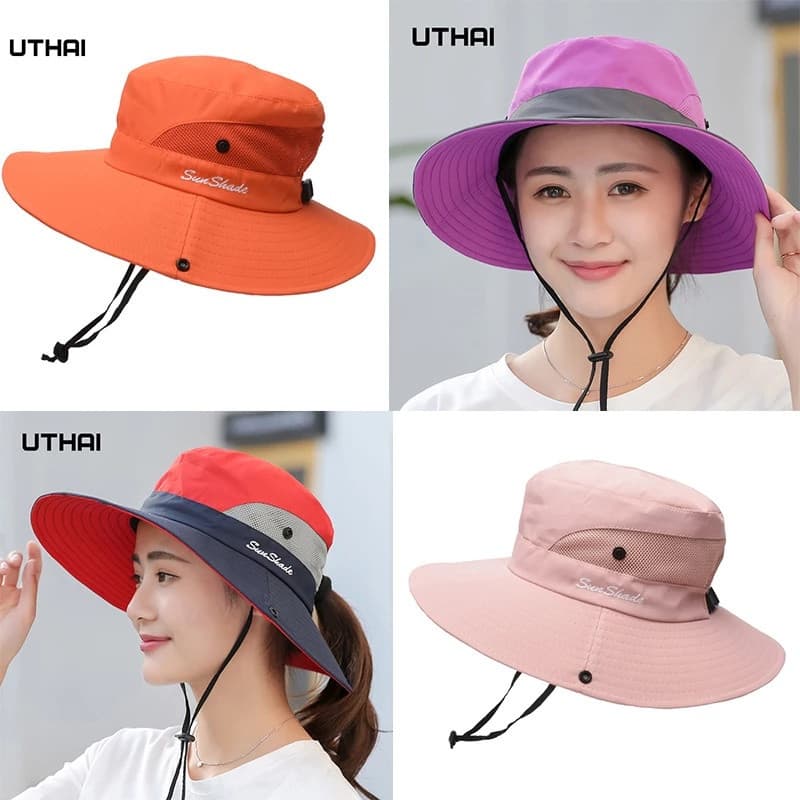 Chapéu Bucket Feminino com Proteção UV e Abertura para Rabo de Cavalo, Chapéu de Praia de Verão, Chapéu Panamá K106